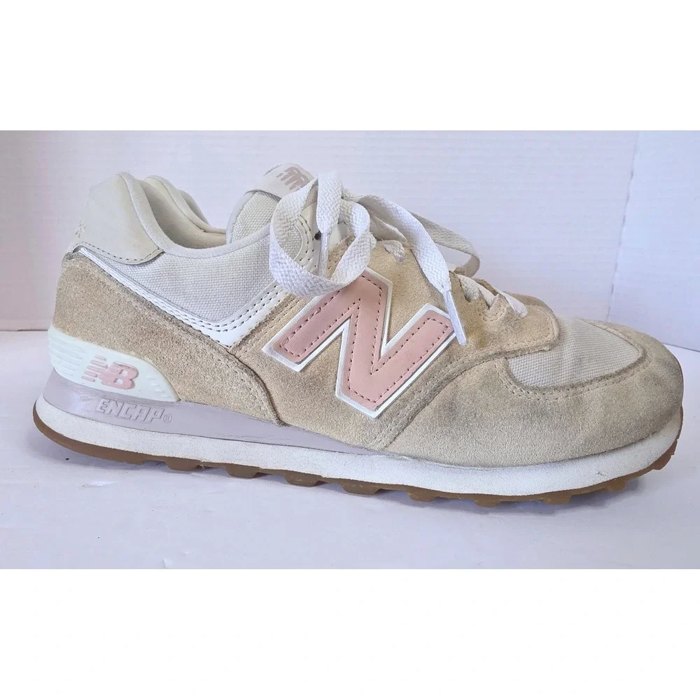 New Balance 574 Tan Cream Pink Suede Mesh Sneakers SZ 8 Mild Discolor on Suede